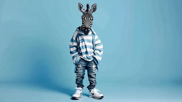 funny zebra animal stands confidently in a striped shirt and jeans against a blue background