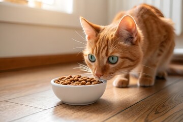 Orange Tabby Cat Eating Kibble – Cozy Indoor Close-Up