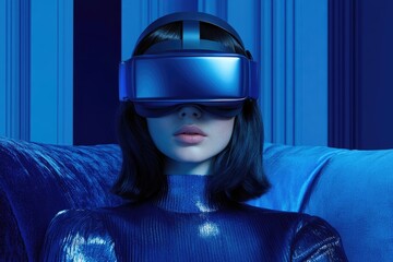 Woman in blue wearing a VR headset, sitting on a blue sofa in a blue room.
