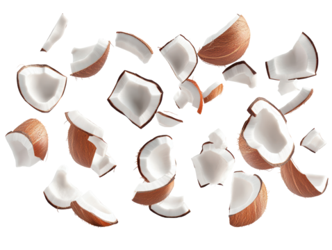 Isolated Array of Coconut Pieces in Mid-Air