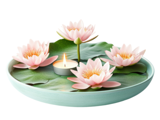 Isolated Serene Spa Arrangement with Pink Lotus Flowers and Candle