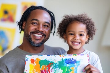 A happy father and daughter proudly display their colorful collaborative artwork.