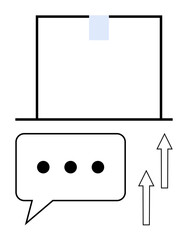 Cardboard box with tape on top, speech bubble with three dots, and two upward arrows. Ideal for shipping, communication, progress, growth, logistics teamwork business strategy. Flat simple metaphor