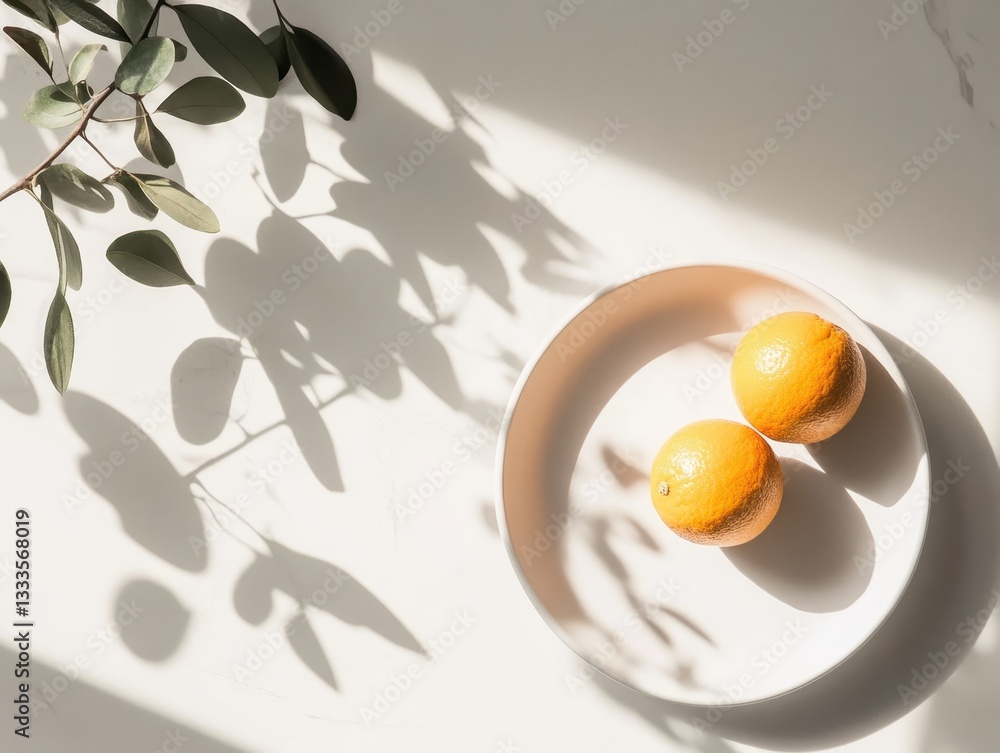 Poster citrus serenity: a sunlit still life composition featuring vibrant oranges resting on a pristine pla