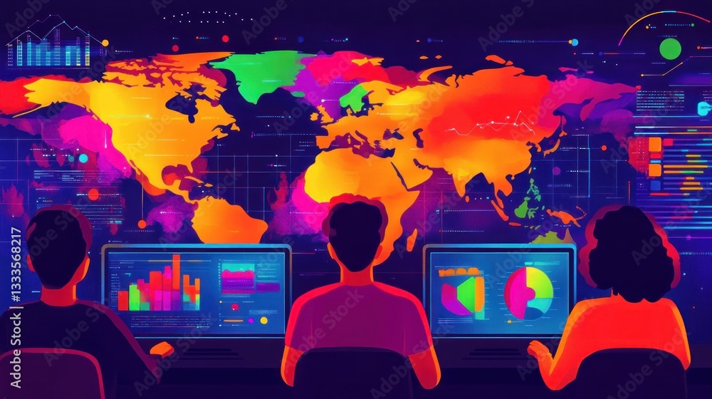 Poster data analysts monitor global information displayed on computer screens worldwide
