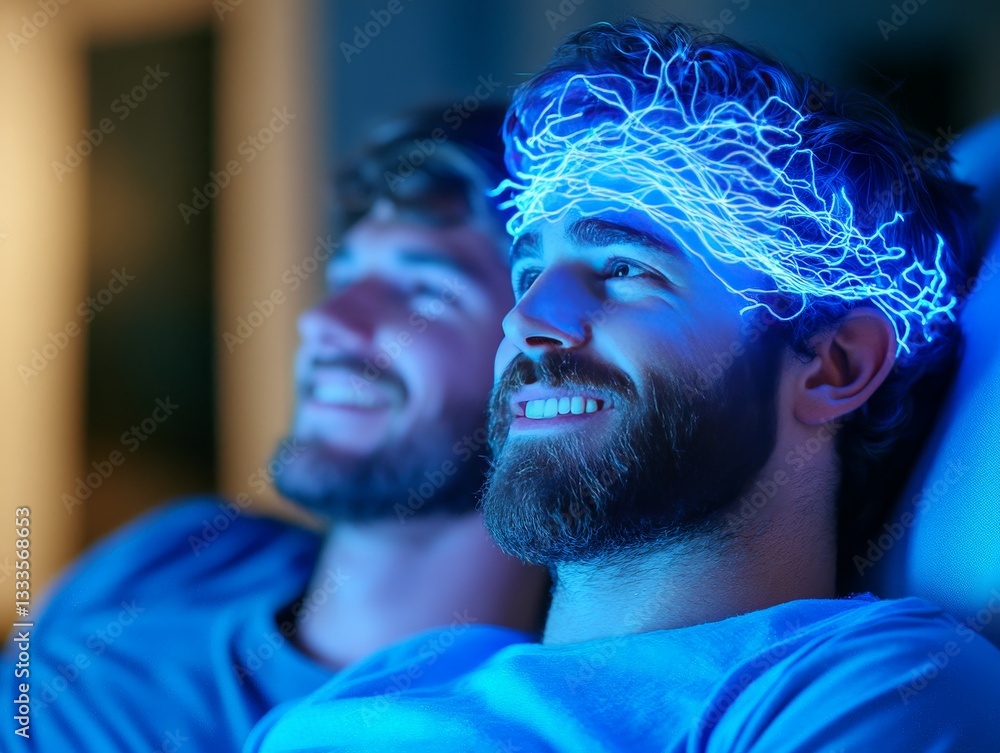 Poster two men immersed in digital environment with futuristic blue neon brain network visualizing artifici