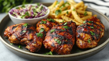 Fototapeta premium Peri-Peri Chicken with Spicy Sauce – Grilled Chicken Leg with Coleslaw & Fries 