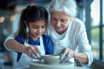 A grandmother teaches her granddaughter the art of pottery, sharing skills and creating a lasting memory.