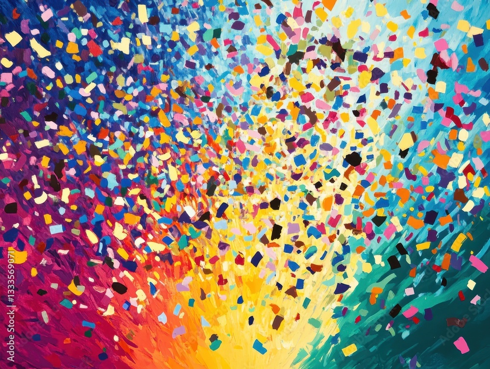Poster explosion of color: a vibrant display of swirling, multi-colored particles, exploding outward in a c