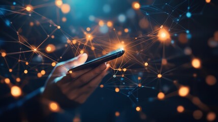 A hand holds a smartphone, surrounded by digital technology and data communication networks, highlighting the seamless connection and flow of information in the modern digital age.