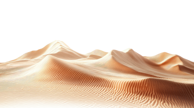 Sunlit desert sand dunes, isolated on transparent background