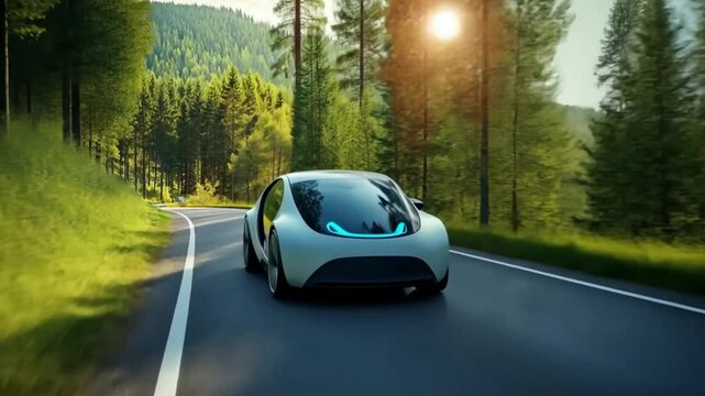 Futuristic electric car driving on a winding forest road showcasing sustainable transportation. The vehicle's sleek design and clean energy concept emphasize an eco-friendly future