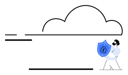 Cloud graphic with person holding a shield icon symbolizing cybersecurity. Ideal for technology, data safety, internet protection, privacy, cloud storage, digital security, flat simple metaphor