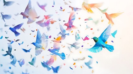 Fototapeta premium Colorful birds flying in a vibrant, abstract pattern against a soft white background.