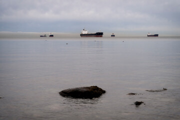 A mysterious scene of several anchored ships in foggy waters, creating a moody atmosphere that...