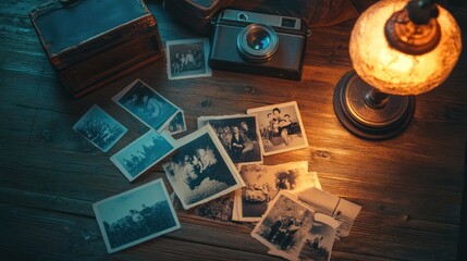 Fototapeta premium Vintage Camera and Old Photographs – A Nostalgic Glimpse into the Past