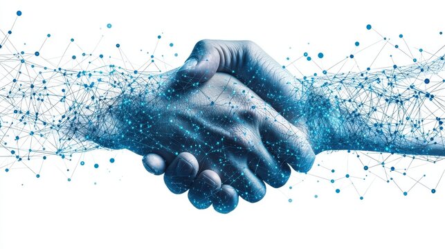 A handshake intertwined with connected blue digital dots, isolated on a white background.