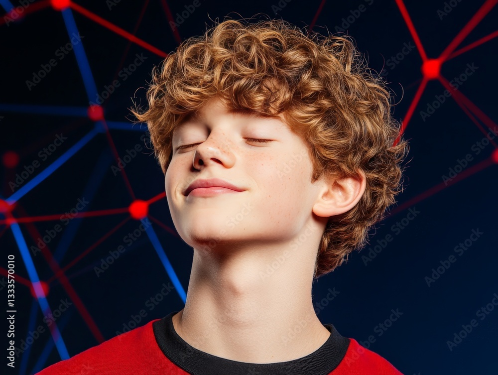 Poster young boy with closed eyes in front of digital network background symbolizing inner peace mindfulnes