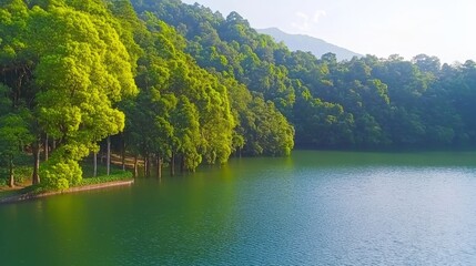 Obraz premium Serene Lake Surrounded by Lush Green Forest in Bright Daylight