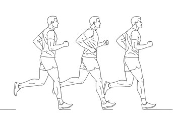 Running men in a marathon competition, line art drawing vector illustration isolated white, motivation theme