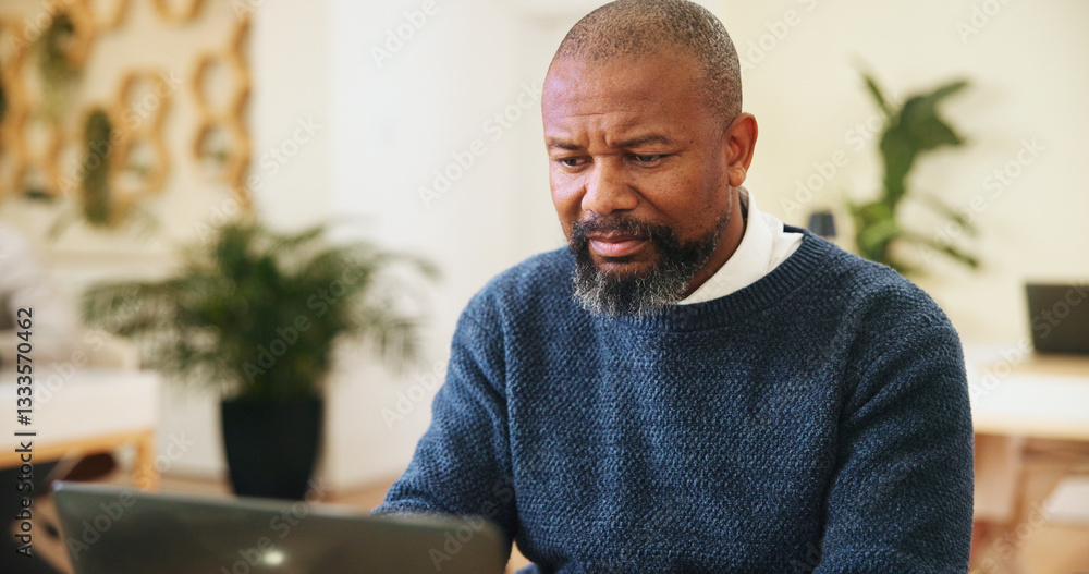 Poster research, reading and laptop with business black man in office for event planner, typing and client 