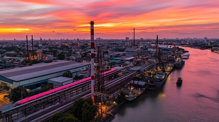 Industrial Sunset with Train over River