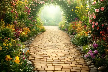 Walking a Brick Path Through Blooming Garden with Natural Light