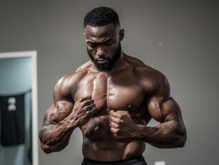 Fototapeta premium Witness the embodiment of sheer willpower a powerful bodybuilder flexing muscles in front of a mirror, a testament to relentless self-discipline and unwavering strength This image captures