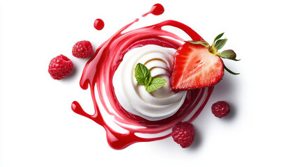 A luscious swirl of fresh strawberry yogurt, adorned with a single white chocolate curl and a drizzle of raspberry coulis, set against a pure white background