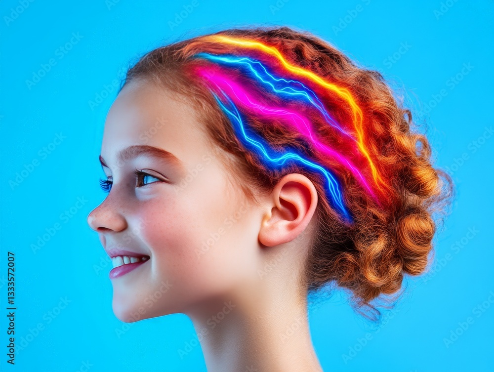 Poster smiling young girl with a colorful neural visualization above her head representing creative intelli