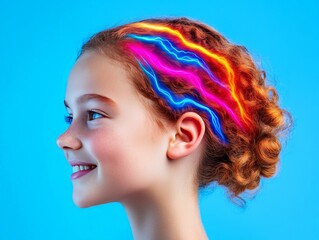 Naklejka premium Smiling young girl with a colorful neural visualization above her head representing creative intelligence deep thinking conceptual imagination and futuristic cognitive exploration