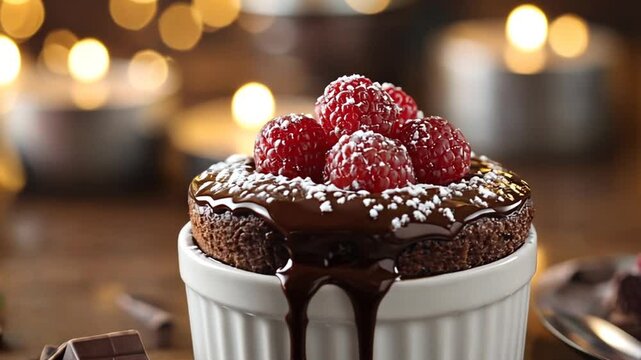 Chocolate Lava Cake with Raspberries, Romantic Dessert, Candlelit Setting