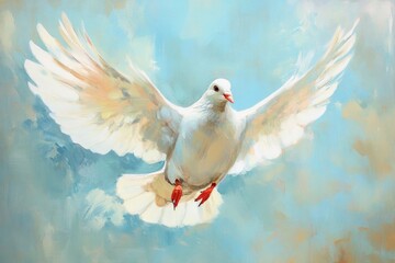 A white dove in flight, wings spread wide, soaring through a light blue sky, painted with expressive brushstrokes.