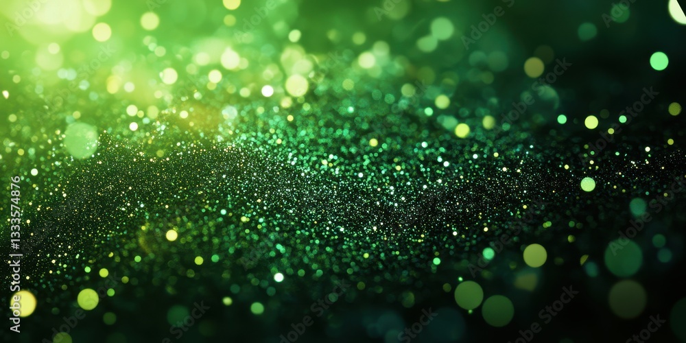 Poster emerald dust: a mesmerizing blend of glowing particles in shades of emerald, create a stunning bokeh