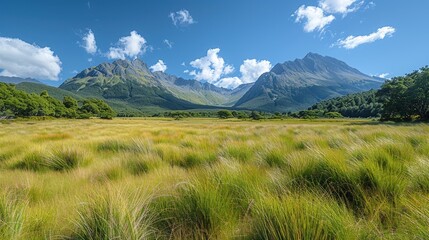 Lush meadow stretches before towering mountain peaks under a vibrant blue sky.