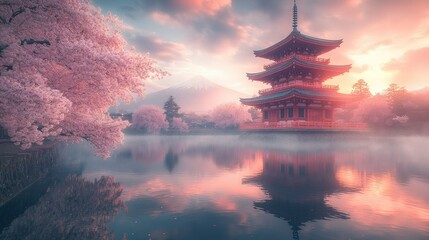 Fototapeta premium Peaceful Japanese temple at sunrise with cherry blossoms