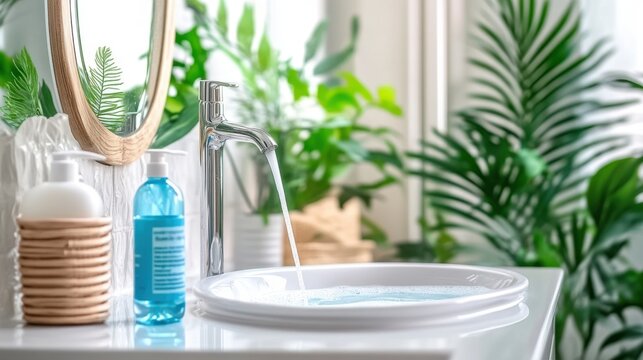A sink with a blue bottle of shampoo next to it