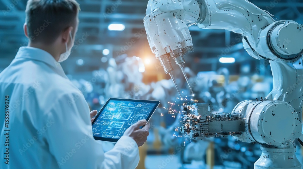 Poster a technician monitoring robotic assembly with a digital tablet device