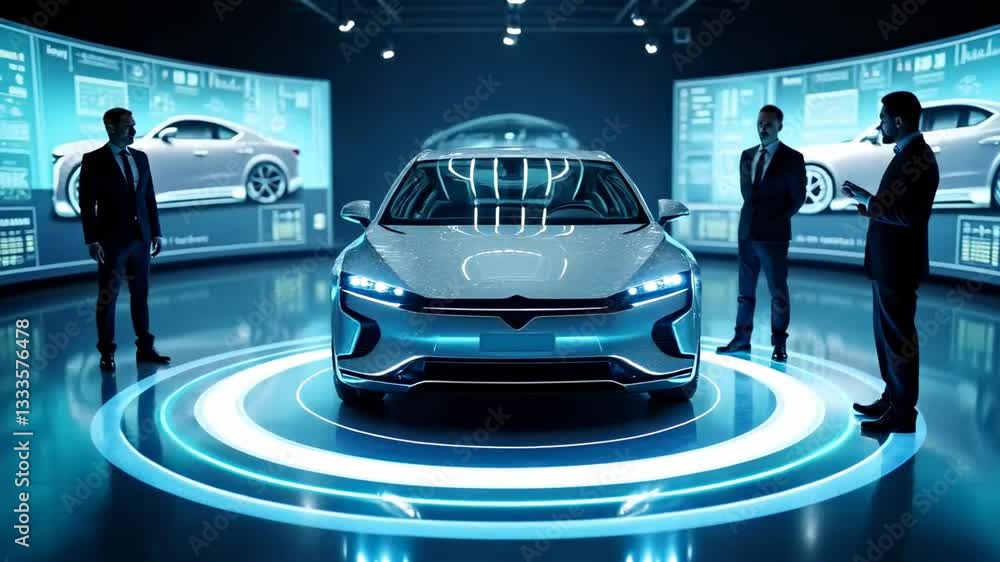Poster the image shows a modern car standing in the center of a high-tech room. there are three people in b