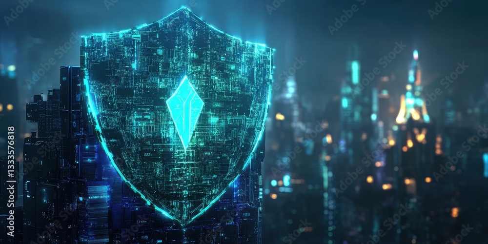 Poster digital shield: a radiant shield of digital code casts a protective glow over a futuristic cityscape