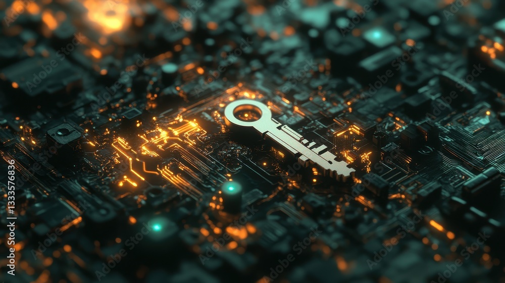 Poster digital key: symbolic representation of security and access, a key rests atop an intricate computer 