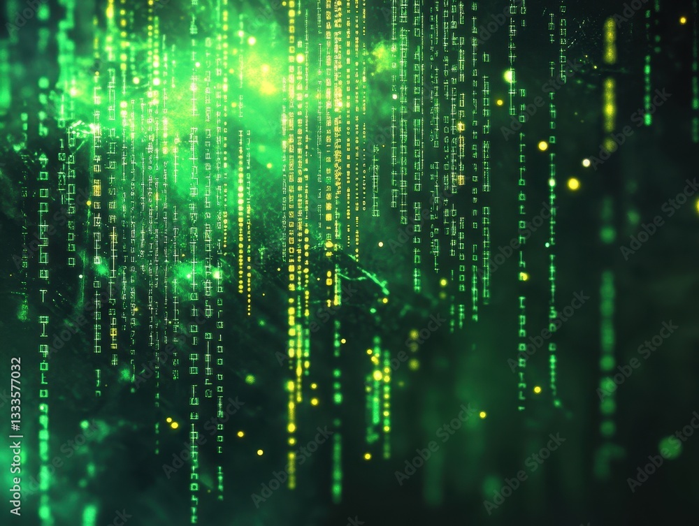 Poster digital rain: a captivating digital art piece showcasing streams of binary code cascading downwards 