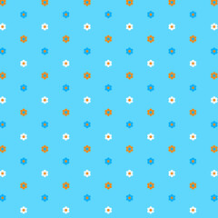 Blue background with small white yellow polka dot flowers Simple abstract small floral; geometric pattern Simple minimalistic style