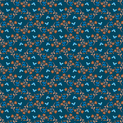 Rustical design Spring summer small floral pattern Colorful tiny flowers and flying butterflies on a dark navy-blue background Decorative styled florals small scale print Simple country style
