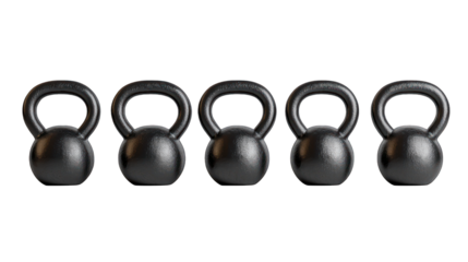 A row of kettlebells with increasing weight on a transparent background 
