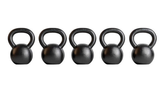 A row of kettlebells with increasing weight on a transparent background - Powered by Adobe