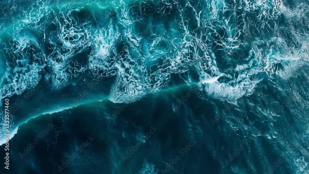 Poster aerial view of turbulent ocean waves crashing and swirling, creating intricate patterns deep blue an