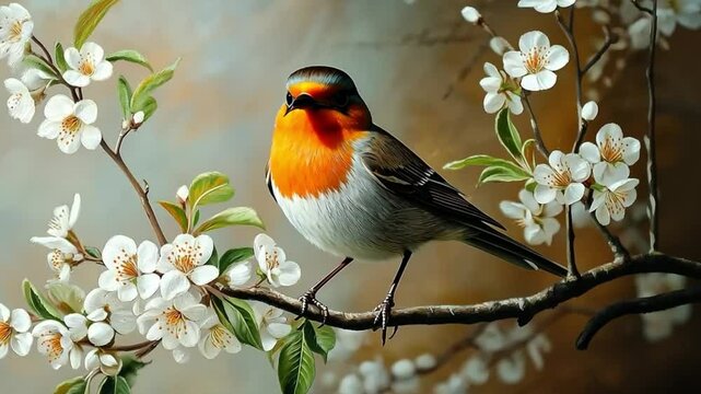 robin bird with vibrant orange chest perched on a cherry blossom branch, wildlife in springtime