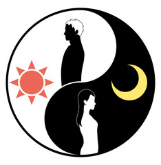 太陽と男性、月と女性が入った陰陽太極図のカラーイラスト