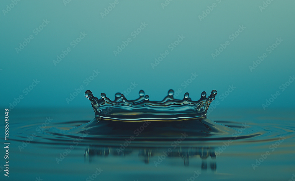 Poster high-speed photography of a water droplet creating ripples with a crown-like reflection – capturing 